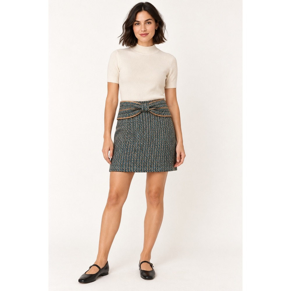 Banana Republic Women Tweed Mini Skirt Size 8 Blue Brown Bow Front Workwear Chic